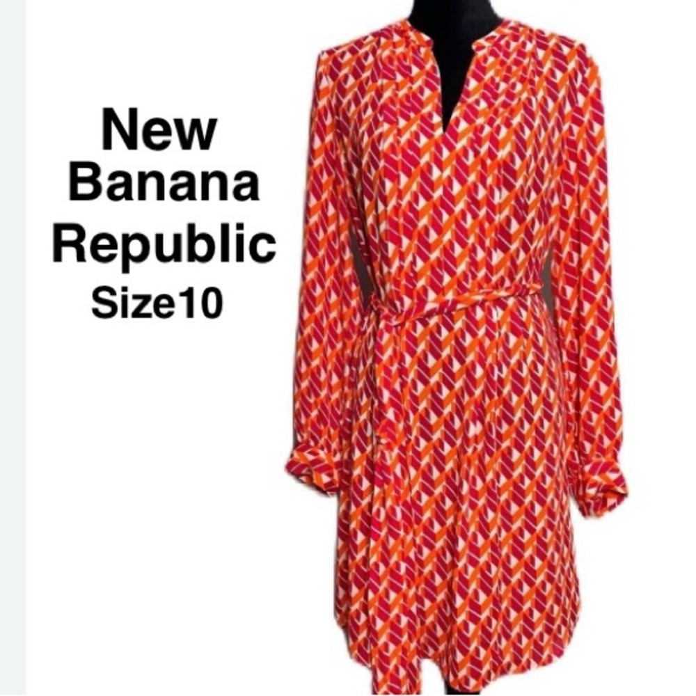 New Banana Republic Geometric Print Belt Front Pleated Dress OrangeMulti Size10